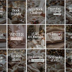 Op de afbeelding: Een collage van afbeeldingen met tekst over boeken en lezen. Titels zijn onder meer "12 boeken om in één keer te lezen", "Book Wishlist", "54321 Book Challenge" en "Best books of 2025". Gezellige esthetiek met boeken, koffie en winterthema's.