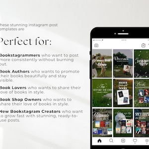 May include: A black smartphone displaying a grid of nine Instagram post templates featuring book-themed imagery and text. The text on the left side reads: These stunning instagram post templates are Perfect for: Bookstagrammers, Book Authors, Book Lovers, Book Shop Owners, and New Bookstagram Creators.
