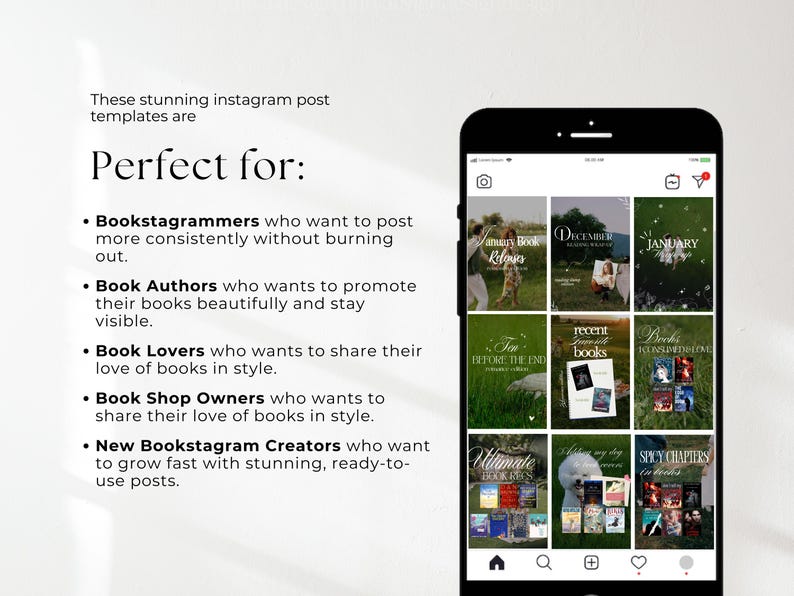 May include: A black smartphone displaying a grid of nine Instagram post templates featuring book-themed imagery and text. The text on the left side reads: These stunning instagram post templates are Perfect for: Bookstagrammers, Book Authors, Book Lovers, Book Shop Owners, and New Bookstagram Creators.