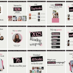 May include: A series of infographics in pink and white, detailing reading habits and book suggestions. The designs feature text like "My Top Books," "2025 Reading Wrap-up," and "My Top Genres," offering a visual summary of reading preferences.