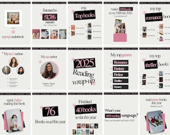 Può includere: Una serie di infografiche rosa e bianche che presentano statistiche di lettura e consigli sui libri. I grafici includono testo come "I miei libri preferiti", "Riepilogo di lettura 2025" e "I miei generi preferiti".