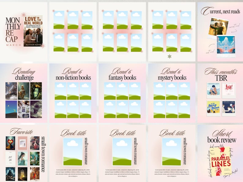 Kit de posts românticos em carrossel para Bookstagram em tons pastel, modelos modernos para BookTok, rastreador de leitura editável e kit de resenhas de livros. imagem 8