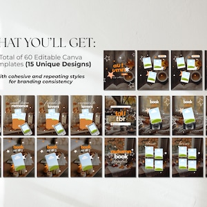 May include: A collection of 60 editable Canva templates featuring 15 unique designs with autumn-themed imagery, including text overlays like 'autumn', 'book', 'fall tbr', and 'monthly book recs' alongside placeholders for photos and graphic elements.