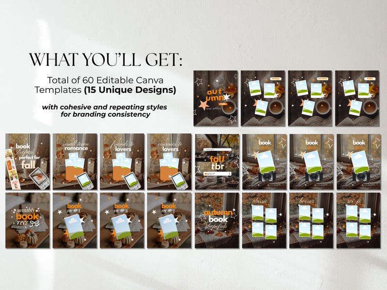 May include: A collection of 60 editable Canva templates featuring 15 unique designs with autumn-themed imagery, including text overlays like 'autumn', 'book', 'fall tbr', and 'monthly book recs' alongside placeholders for photos and graphic elements.