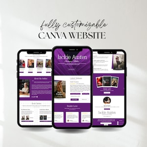 May include: Three smartphones displaying a website design with a purple and white color scheme. The website showcases a book author's page, with sections for the author's bio, book series, and latest releases. The text "fully customizable CANVA WEBSITE" is at the top.