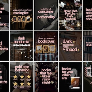 May include: A collection of fifteen digital graphics featuring dark, moody library backgrounds, vintage gold frames, and light pink text overlays with phrases like dark academia books, reading lists, and book recommendations for readers.