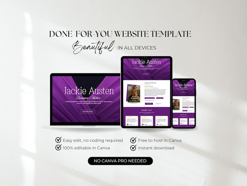 May include: A website template displayed on a laptop, tablet, and smartphone. The template features a purple and white design with the text "Jackie Austen" and "Done-For-You Website Template". The image also includes text that says "Beautiful in all devices".