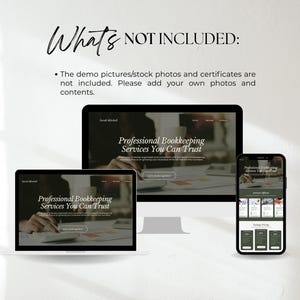 K&ouml;nnte beinhalten: Ein digitales Mockup, das ein Website-Design auf einem Laptop, einem Desktop-Monitor und einem Smartphone zeigt. Die Bildschirme zeigen den Text "Professional Bookkeeping Services You Can Trust". Das Bild enth&auml;lt auch den Text "What's NOT INCLUDED:" und eine Liste der nicht enthaltenen Elemente.