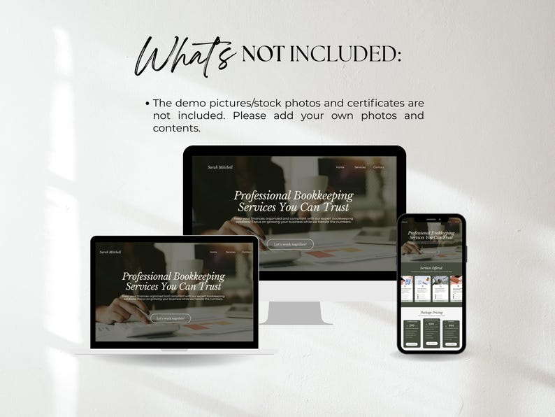 K&ouml;nnte beinhalten: Ein digitales Mockup, das ein Website-Design auf einem Laptop, einem Desktop-Monitor und einem Smartphone zeigt. Die Bildschirme zeigen den Text "Professional Bookkeeping Services You Can Trust". Das Bild enth&auml;lt auch den Text "What's NOT INCLUDED:" und eine Liste der nicht enthaltenen Elemente.