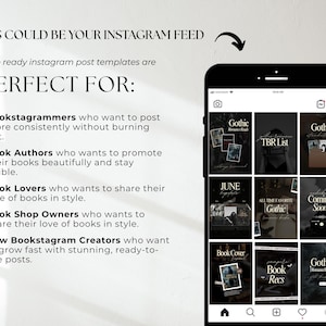 May include: A smartphone displays a grid of Instagram post templates with a dark, gothic theme. The phone screen shows various book-related designs, including covers and recommendations. Text at the top reads, "THIS COULD BE YOUR INSTAGRAM FEED."