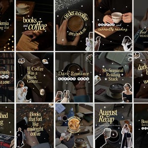 Modèle de carrousel Bookstagram Dark Academia, publication Instagram Gold Coffee and Books, modèle Canva modifiable V3, modèle de critique de livre