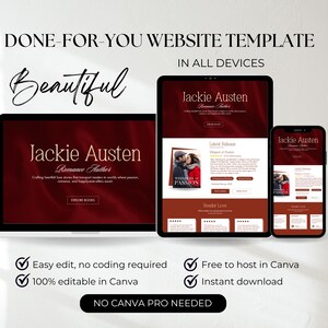 Peut inclure: Un mod&egrave;le de site web pr&eacute;sent&eacute; sur un ordinateur portable, une tablette et un smartphone. Le mod&egrave;le pr&eacute;sente un th&egrave;me bordeaux avec le texte "Jackie Austen, Romance Author". L'image comprend le texte "Done-For-You Website Template" et "Beautiful."