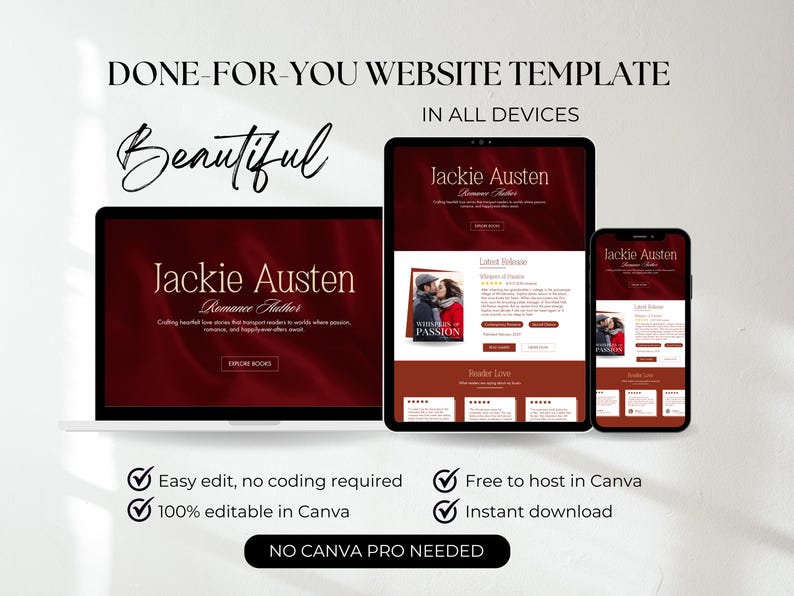 Peut inclure: Un mod&egrave;le de site web pr&eacute;sent&eacute; sur un ordinateur portable, une tablette et un smartphone. Le mod&egrave;le pr&eacute;sente un th&egrave;me bordeaux avec le texte "Jackie Austen, Romance Author". L'image comprend le texte "Done-For-You Website Template" et "Beautiful."