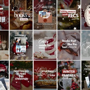 May include: A collage of fifteen digital graphics featuring book recommendations for the winter season. Each panel displays various book covers, festive holiday text, and seasonal imagery including snowflakes, stockings, and ornaments.
