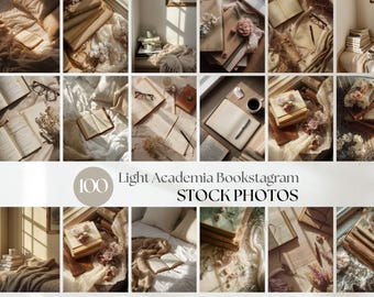 May include: A collection of 100 Light Academia Bookstagram stock photos. The images feature open books, notebooks, glasses, flowers, and coffee cups arranged on beds and tables. The color palette is warm, with soft lighting and neutral tones.