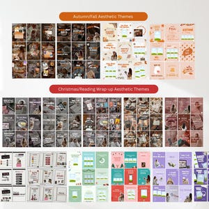 May include: A collection of digital social media templates organized into grids. The top section features Autumn and Fall themes in orange and brown tones. The bottom section displays Christmas and Reading Wrap-up themes in red, green, and purple palettes, containing various text boxes, graphic elements, and placeholders for images.