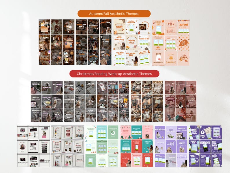 May include: A collection of digital social media templates organized into grids. The top section features Autumn and Fall themes in orange and brown tones. The bottom section displays Christmas and Reading Wrap-up themes in red, green, and purple palettes, containing various text boxes, graphic elements, and placeholders for images.