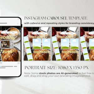 May include: An Instagram carousel template featuring a smartphone display and three square layout panels. The design includes text overlays reading monthly faves, this month's top reads, and what's your fave, with placeholders for images and a portrait size of 1080 x 1350 px.