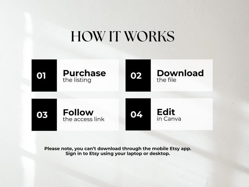 Puede incluir: Imagen con el texto &laquo;C&Oacute;MO FUNCIONA&raquo; y cuatro pasos: Comprar el anuncio, Descargar el archivo, Seguir el enlace de acceso y Editar en Canva. Tambi&eacute;n se incluyen instrucciones para las descargas de Etsy.