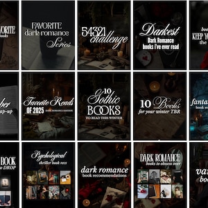 Puede incluir: Una colección de quince gráficos digitales de recomendaciones de libros con una estética oscura y melancólica, con varias superposiciones de texto que incluyen títulos como All Time Favorite, 54321 Challenge y Dark Romance.