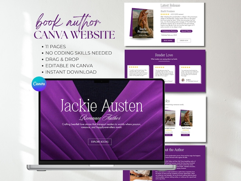 Romance Author Website Template Author Canva Landing Page Writer Book Promotion Book Launch One Page Website Book Marketing Author Branding