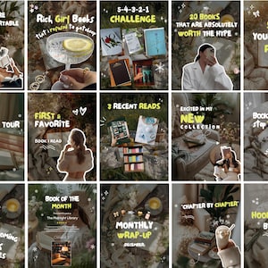 May include: A collage of images with text related to books and reading. The text includes phrases like "Books are a uniquely portable magic", "Bookshelf Tour", "First & Favorite", and "Exciting Upcoming Book Releases". The images have a soft, aesthetic style.