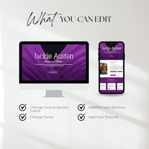 May include: A desktop computer monitor and a smartphone display a website with a purple and black design. The website's name is "Jackie Austen." The image also includes the text "What You Can Edit" and checkmarks with text indicating editable features.