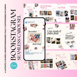 May include: An Instagram template for book lovers, designed as a seamless carousel. The design uses a pink and white colour scheme, with text including "Bookstagram" and "Book Haul". The template is fully customisable in Canva.