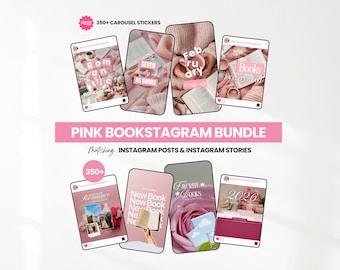 May include: A pink graphic featuring a Pink Bookstagram Bundle with matching Instagram posts and stories. The image includes several mockups of Instagram posts with book-themed content, text, and a pink color scheme. The image also includes the text "FREE 350+ CAROUSEL STICKERS."