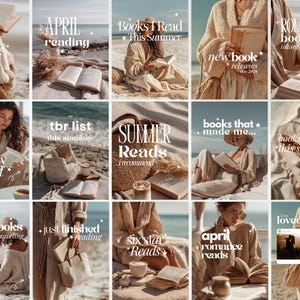 Op de afbeelding: Een verzameling afbeeldingen met tekst over boeken en lezen. De afbeeldingen tonen mensen die boeken lezen op een strand, met titels als "Books I Read This Summer", "April Reading" en "Summer Reads". Het kleurenpalet is zacht, met beige en neutrale tinten.