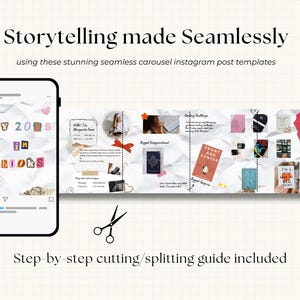 May include: An Instagram post template design with the text "Storytelling made Seamlessly". The design includes a phone displaying a carousel post with the text "My 2023 in Books". A step-by-step cutting guide is also included.