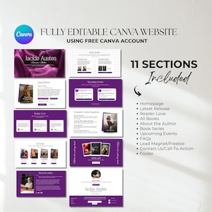 May include: A fully editable Canva website template with a purple and white design. The template includes 11 sections, such as a homepage, latest release, and FAQs. The text "Jackie Austen" is visible, along with the Canva logo.