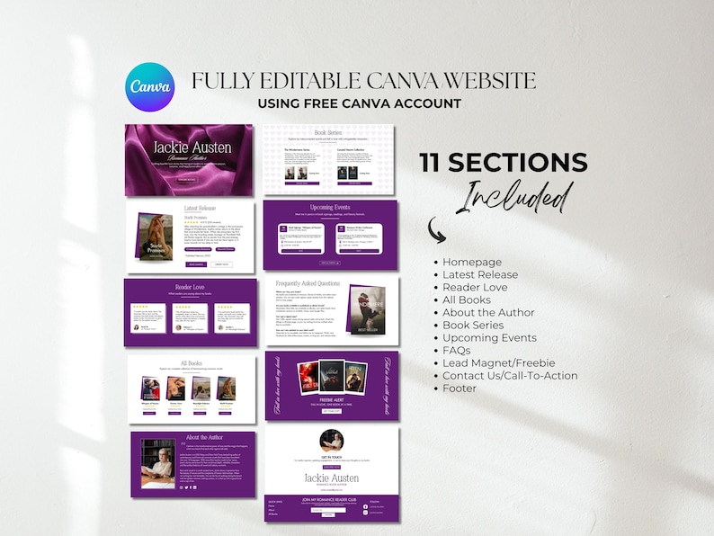 May include: A fully editable Canva website template with a purple and white design. The template includes 11 sections, such as a homepage, latest release, and FAQs. The text "Jackie Austen" is visible, along with the Canva logo.