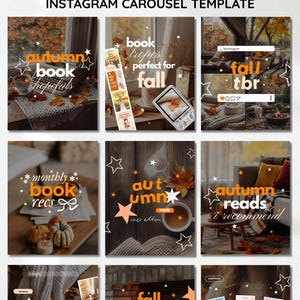 Moody autumn bookstagram Canva template bundle showing 15 unique fall-aesthetic Instagram carousel post templates including monthly book haul, fall TBR, autumn book recommendations, currently reading, cozy reads, book tropes for fall, and autumn reading list slides, with warm burnt orange, cream, and brown tones and cozy photography backgrounds, instant digital download for book bloggers and bookstagrammers.