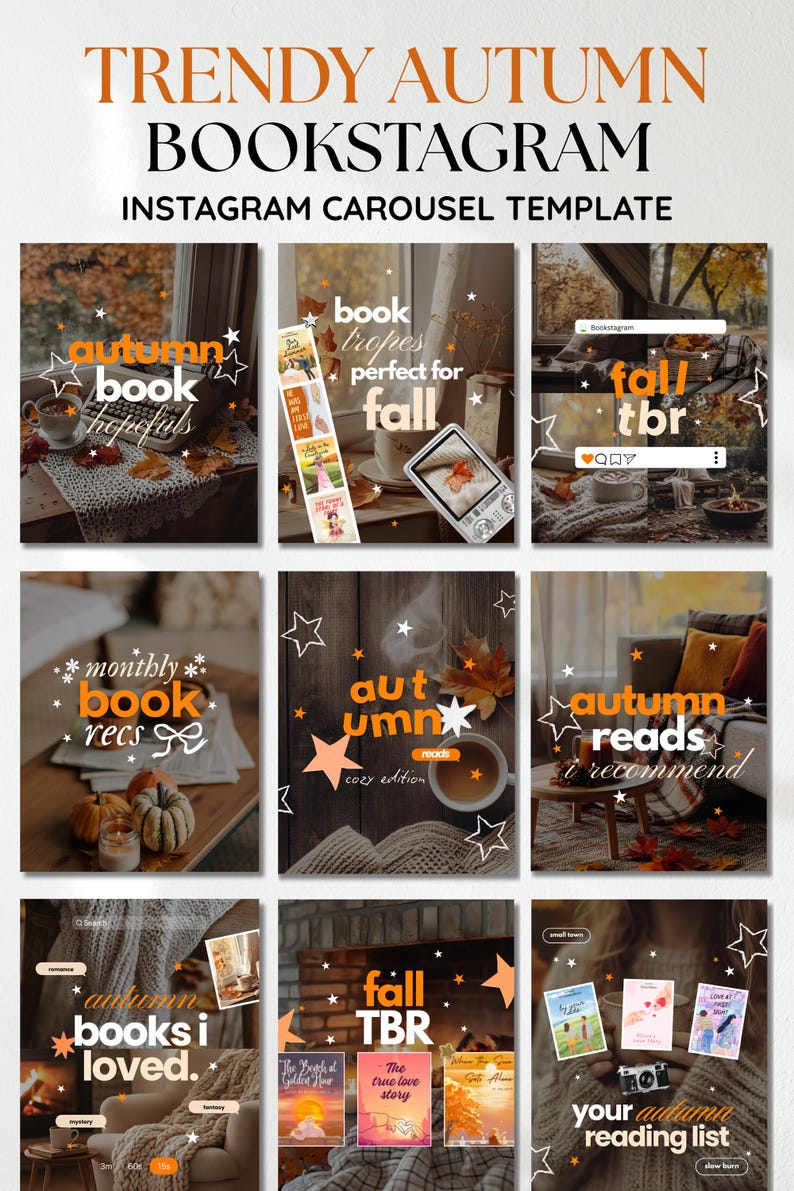 Moody autumn bookstagram Canva template bundle showing 15 unique fall-aesthetic Instagram carousel post templates including monthly book haul, fall TBR, autumn book recommendations, currently reading, cozy reads, book tropes for fall, and autumn reading list slides, with warm burnt orange, cream, and brown tones and cozy photography backgrounds, instant digital download for book bloggers and bookstagrammers.