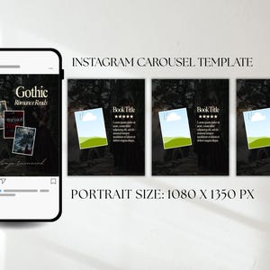 May include: Instagram carousel template design. The design features a smartphone displaying a carousel post with the text "Gothic Romance Reads" and book covers. Additional slides showcase a landscape image with the text "Book Title". The template is portrait size: 1080 x 1350 px.