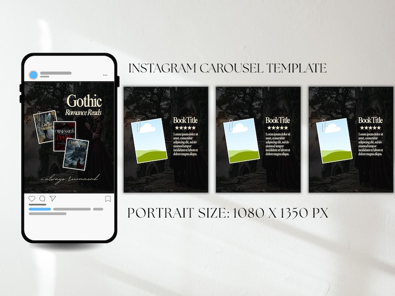 May include: Instagram carousel template design. The design features a smartphone displaying a carousel post with the text "Gothic Romance Reads" and book covers. Additional slides showcase a landscape image with the text "Book Title". The template is portrait size: 1080 x 1350 px.