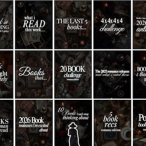 Może przedstawiać: Zbiór grafik do mediów społecznościowych z tekstami o książkach i czytaniu. Tytuły to m.in. "My week in READING", "What I READ this week...", "THE LAST 5 books..." i "2026's most anticipated".
