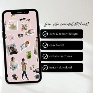 Puede incluir: Un smartphone muestra una colecci&oacute;n de pegatinas sobre un fondo rosa. Las pegatinas incluyen tazas de caf&eacute;, pasteles e im&aacute;genes de revistas de moda. El texto en la pantalla dice "free 350+ carousel stickers!" y enumera caracter&iacute;sticas como "cozy & trendy designs".