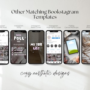 Pode incluir: Imagem com seis smartphones exibindo modelos Bookstagram. Os modelos incluem Instagram Carousel Post, Story, Reels Cover, Highlights Cover, Flatlay Canva Mockups e Stock Photos. O texto inclui "Other Matching Bookstagram Templates" e "cozy aesthetic designs."