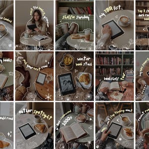 Może przedstawiać: Kolaż zdjęć przedstawiających książki, czytniki e-booków i filiżanki kawy, z ręcznie pisanymi nakładkami tekstowymi, takimi jak "shelfie sunday" i "my TBR list". Obrazy są ułożone w siatkę, sugerując motyw czytania i rekomendacji książkowych.