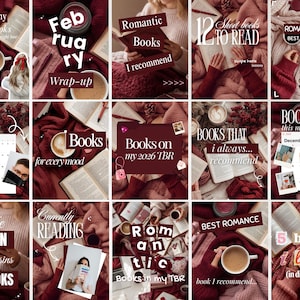 May include: A collage of images featuring books, coffee, and cozy textures. Text includes "Romantic Books I recommend", "12 Short Books To Read", "Best Romance", and "Books for every mood". The color scheme is dominated by burgundy and cream.
