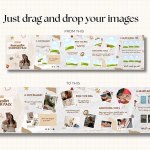 May include: A graphic with the text "Just drag and drop your images" and "Bookworm Starter Pack." The image shows a before and after layout for a book-themed product, including a cozy blanket and annotating tools.