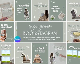 Sage Green Bookstagram Templates: Canva Social Media Posts (Digital Download)