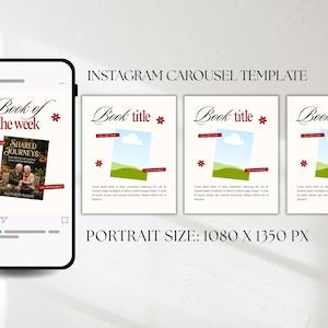 Puede incluir: Una plantilla de carrusel de Instagram con una maqueta de tel&eacute;fono que muestra una publicaci&oacute;n de "Libro de la semana". La plantilla incluye cuatro diapositivas en formato vertical para t&iacute;tulos de libros, im&aacute;genes y texto. El dise&ntilde;o presenta acentos rojos y elementos florales.