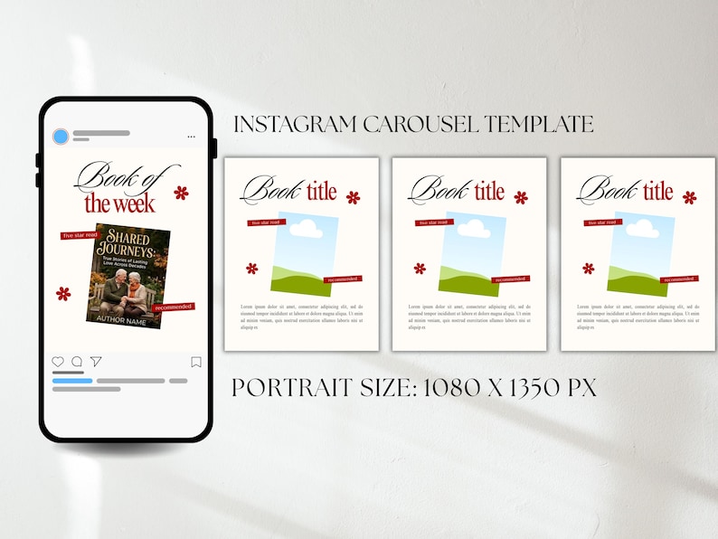 Puede incluir: Una plantilla de carrusel de Instagram con una maqueta de tel&eacute;fono que muestra una publicaci&oacute;n de "Libro de la semana". La plantilla incluye cuatro diapositivas en formato vertical para t&iacute;tulos de libros, im&aacute;genes y texto. El dise&ntilde;o presenta acentos rojos y elementos florales.