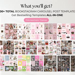 May include: A digital collection of 3,000+ Bookstagram carousel post templates featuring pink aesthetic themes. The text reads: What you'll get? 3,000+ TOTAL BOOKSTAGRAM CAROUSEL POST TEMPLATES Get Bestselling Templates ALL-IN-ONE Pink Aesthetic Themes.