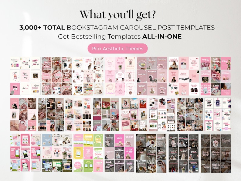 May include: A digital collection of 3,000+ Bookstagram carousel post templates featuring pink aesthetic themes. The text reads: What you'll get? 3,000+ TOTAL BOOKSTAGRAM CAROUSEL POST TEMPLATES Get Bestselling Templates ALL-IN-ONE Pink Aesthetic Themes.
