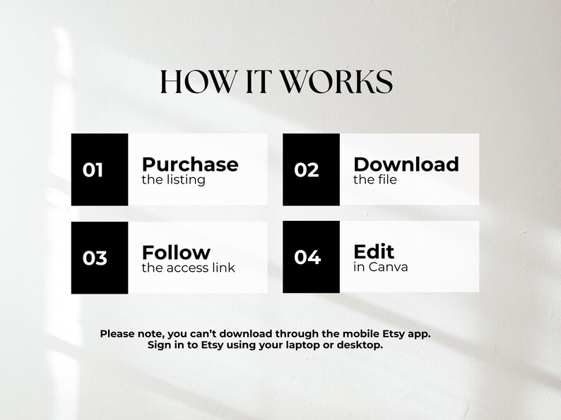 以下が含まれることがあります： 「HOW IT WORKS」というタイトルのグラフィックで、4つのステップを説明しています。リストを購入し、ファイルをダウンロードし、アクセスリンクに従い、Canvaで編集します。Etsyアプリからのダウンロードは不可であることも記載されています。