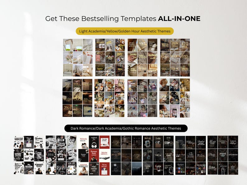 May include: A collection of digital social media templates featuring two distinct sets. The top section displays light academia, yellow, and golden hour themes. The bottom section showcases dark romance, dark academia, and gothic romance themes.